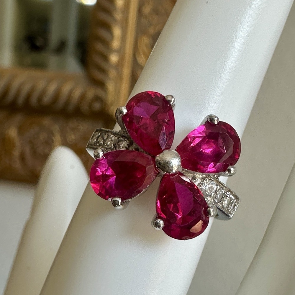 VTG SX Accent Ring Size 5 Four Lab Red Ruby Flower Petals CZ 925 Sterling 3.3g
